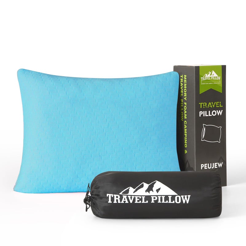 PEUJEW Small Shredded Memory Foam Pillow, Camping Pillow Travel Pillow - Compressible Medium Firm, Breathable Cover, Ideal Backpacking Hiking, Airplane and Car (Sky Blue, S) - Image 1