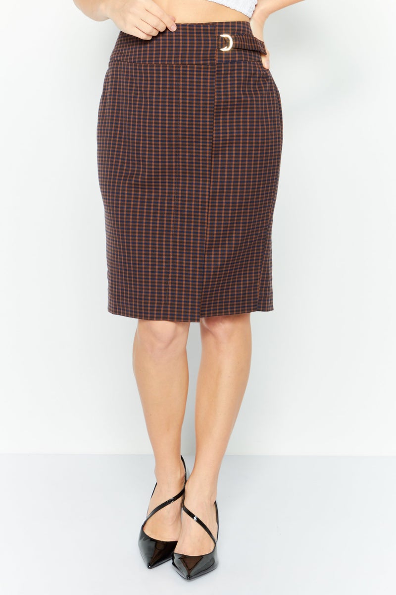 DKNY Women Gingham Pattern Pencil Skirt, Brown Combo - Image 1