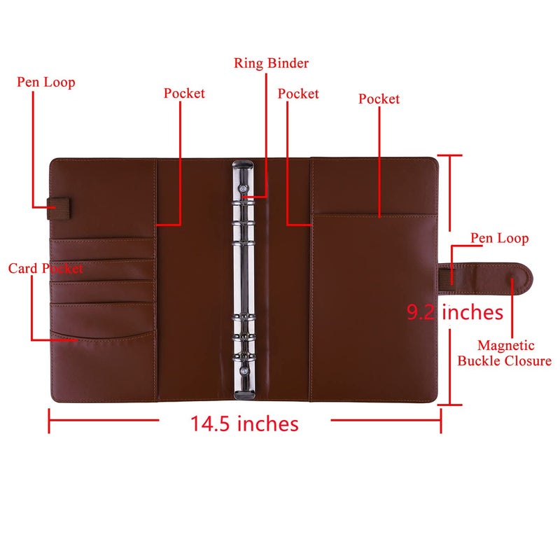Antner A5 PU Leather Binder 6 Ring Notebook Photocard Budget Binder Cover for A5 Refill Paper, Refillable Loose Leaf Personal Planner Organizer Binder with Magnetic Buckle, Brown - Image 2
