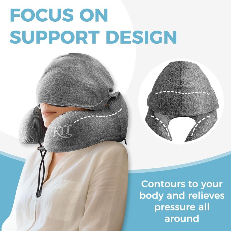 KTT Hooded Travel Pillow Set – Memory Foam Neck Cushion with Eye Mask and Earplugs for Airplane, Train & Car - Image 5