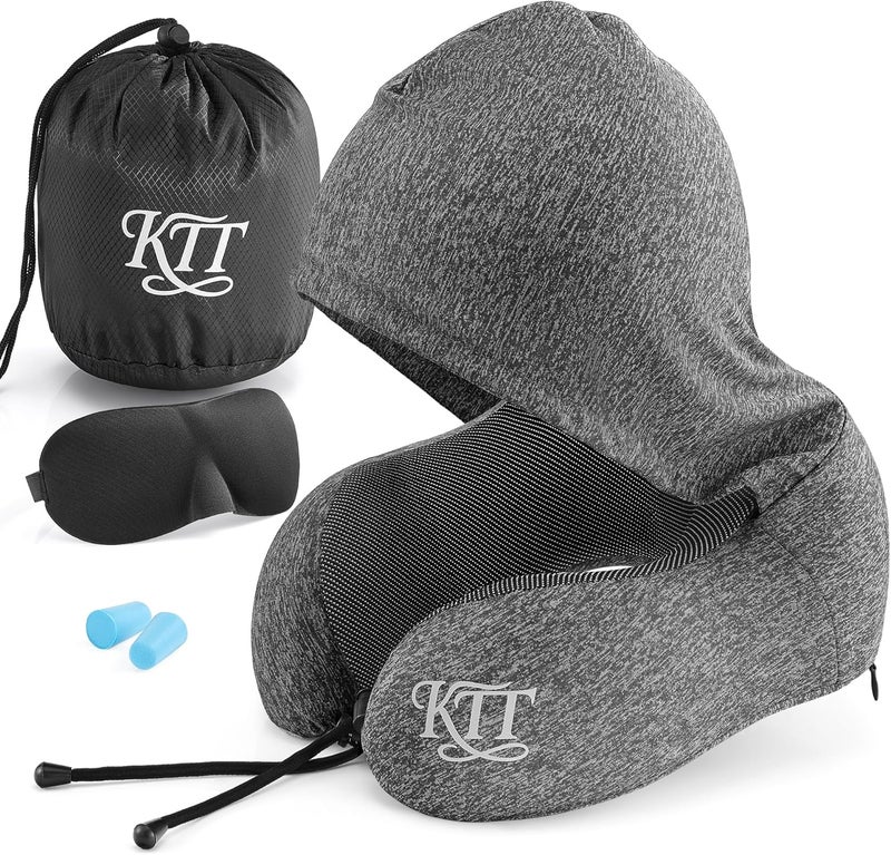 KTT Hooded Travel Pillow Set – Memory Foam Neck Cushion with Eye Mask and Earplugs for Airplane, Train & Car - Image 1