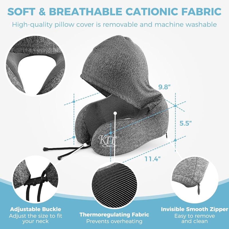 KTT Hooded Travel Pillow Set – Memory Foam Neck Cushion with Eye Mask and Earplugs for Airplane, Train & Car - Image 3