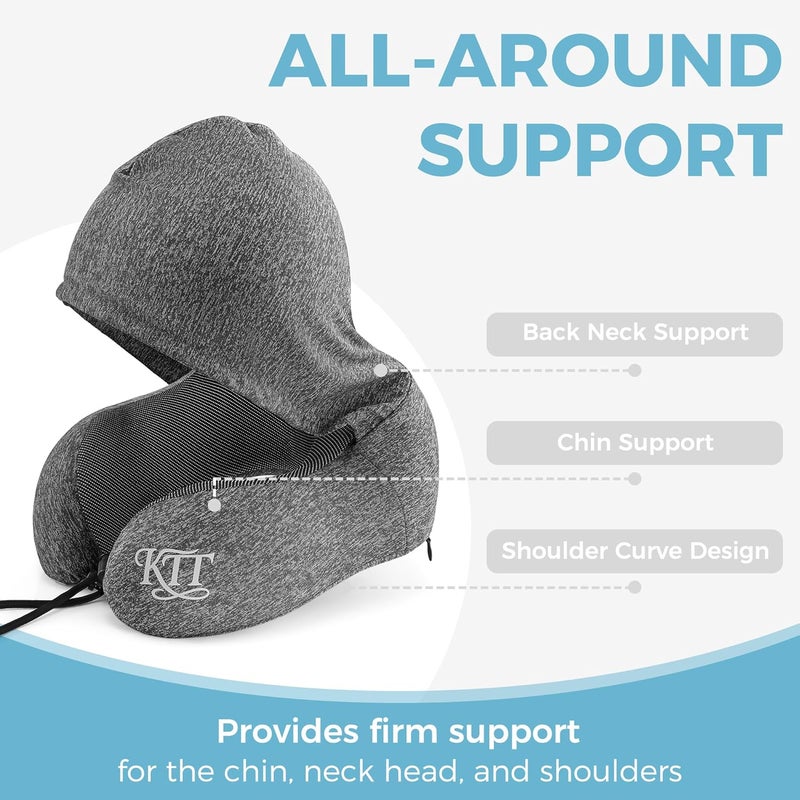 KTT Hooded Travel Pillow Set – Memory Foam Neck Cushion with Eye Mask and Earplugs for Airplane, Train & Car - Image 4