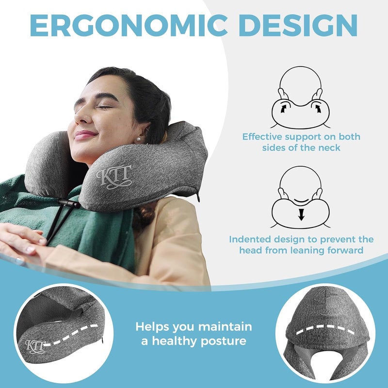 KTT Hooded Travel Pillow Set – Memory Foam Neck Cushion with Eye Mask and Earplugs for Airplane, Train & Car - Image 2