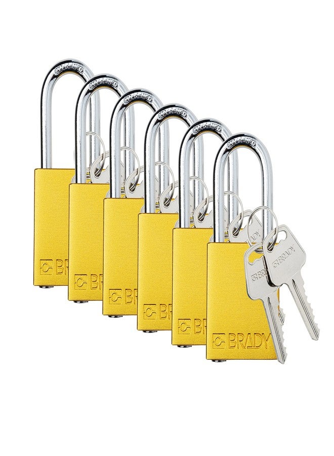 Brady Safety Lockout Padlock Sets - 6 Pack - Yellow - Keyed Different Safety Lockout Padlocks - 2 Keys Per Lock - SDAL-YLW-38ST-KD6 - Image 1