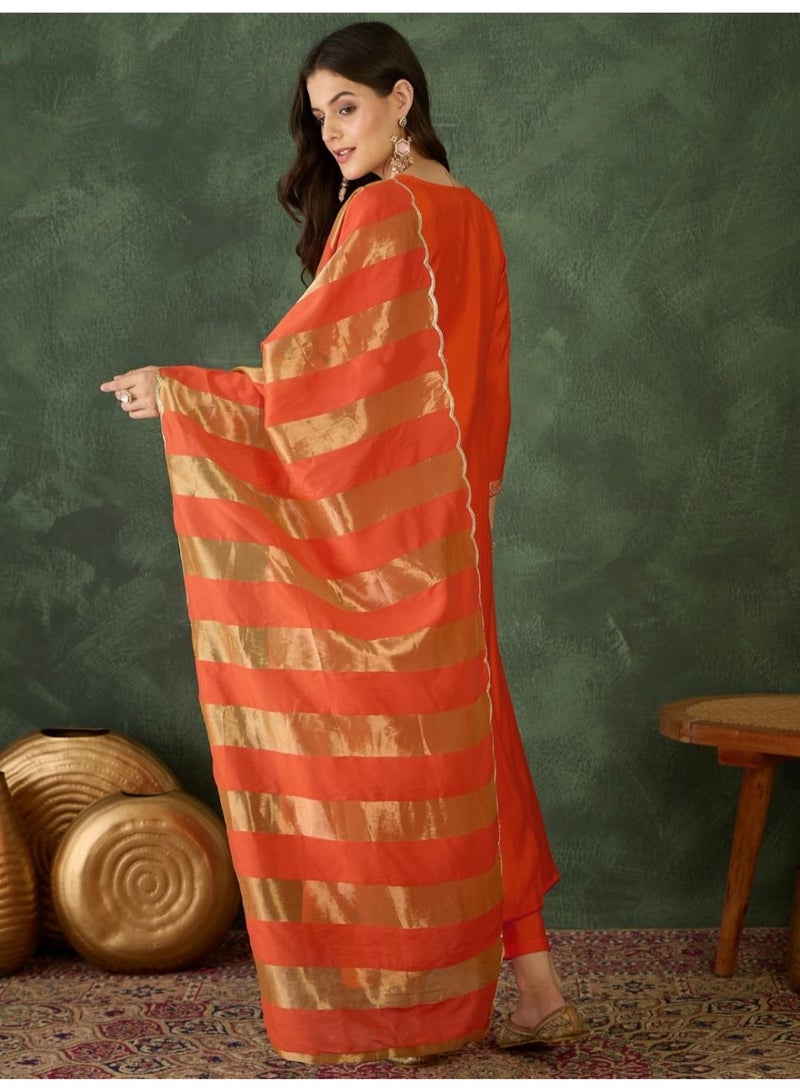 Naixa Women's Chanderi Embroidered Flared Kurta with Pant and Dupatta Sets for Wedding Party and Festival Wear (NX-762-Rust-4XL) - Image 4