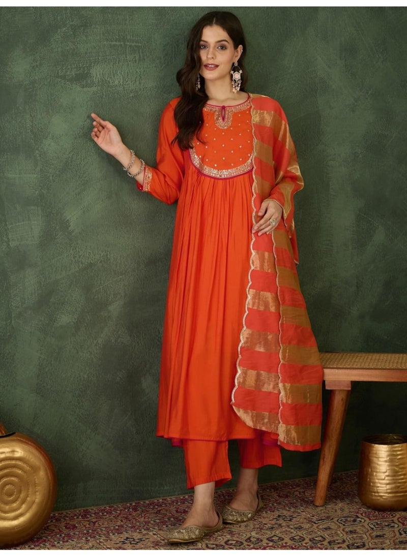 Naixa Women's Chanderi Embroidered Flared Kurta with Pant and Dupatta Sets for Wedding Party and Festival Wear (NX-762-Rust-4XL) - Image 2