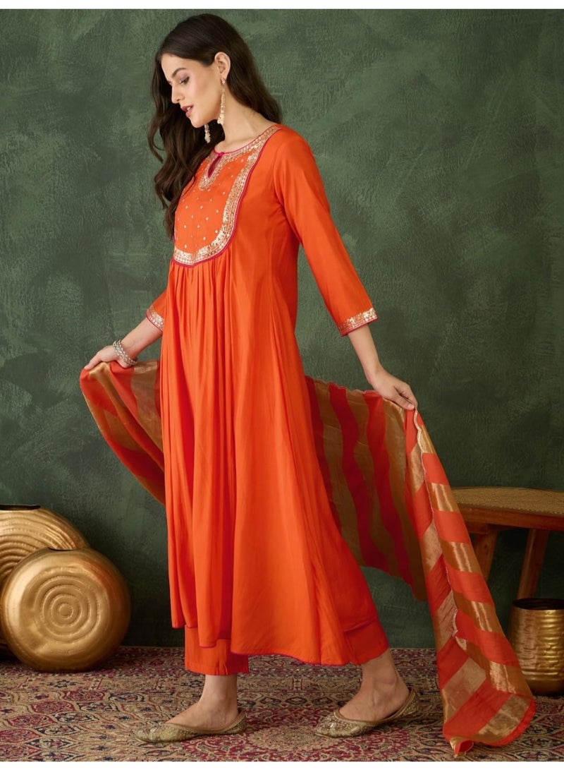 Naixa Women's Chanderi Embroidered Flared Kurta with Pant and Dupatta Sets for Wedding Party and Festival Wear (NX-762-Rust-4XL) - Image 3