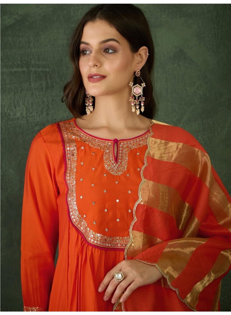 Naixa Women's Chanderi Embroidered Flared Kurta with Pant and Dupatta Sets for Wedding Party and Festival Wear (NX-762-Rust-4XL) - Image 5