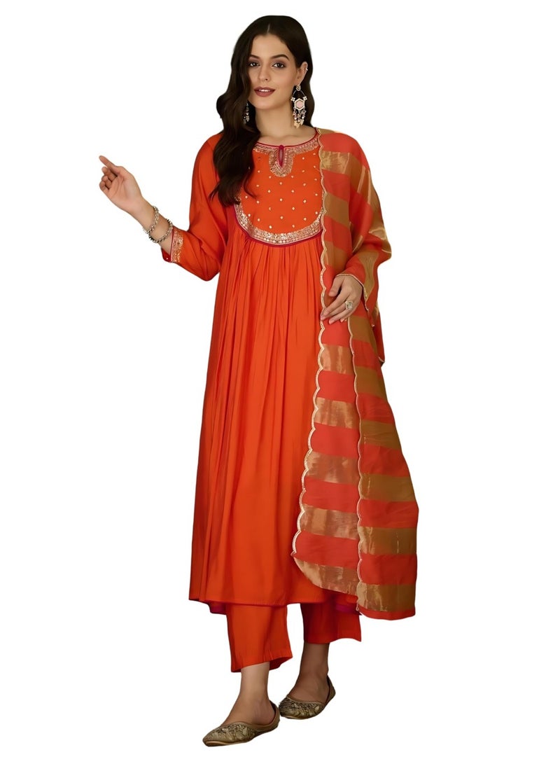 Naixa Women's Chanderi Embroidered Flared Kurta with Pant and Dupatta Sets for Wedding Party and Festival Wear (NX-762-Rust-4XL) - Image 1