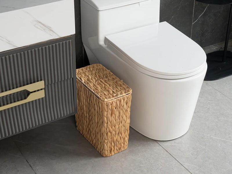 Coeusy 3 Gallon Wicker Trash Can,Small Bathroom Trash Can with Lid,Natural Water Hyacinth Wicker Waste Basket for Bedroom,Toilet,Narrow Garbage Can with Removable Liner - Image 3