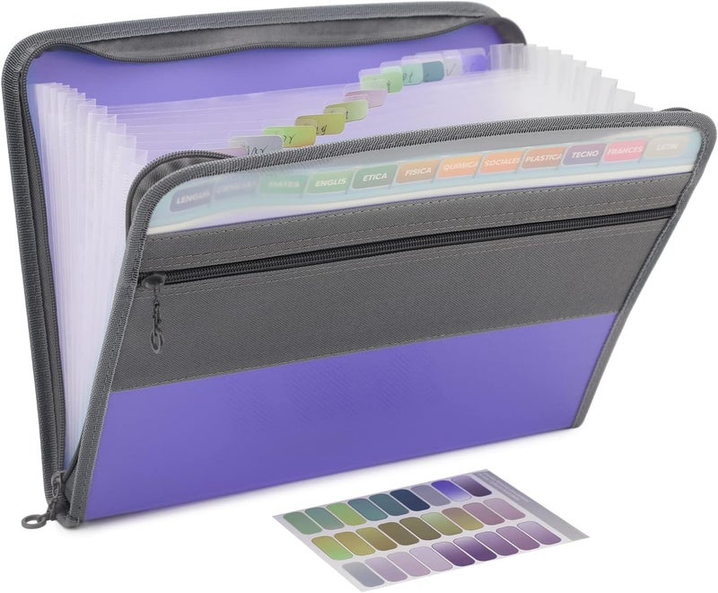 Nafy Accordion File Organizer, 13 Pockets Expanding File Folder with Zipper, A4 Letter Size Portable Accordion Expanding File Folders with 27pcs Multicolor Labels for Office School Supplies (Lavender) - Image 1
