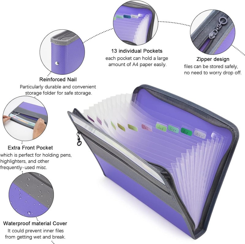 Nafy Accordion File Organizer, 13 Pockets Expanding File Folder with Zipper, A4 Letter Size Portable Accordion Expanding File Folders with 27pcs Multicolor Labels for Office School Supplies (Lavender) - Image 3