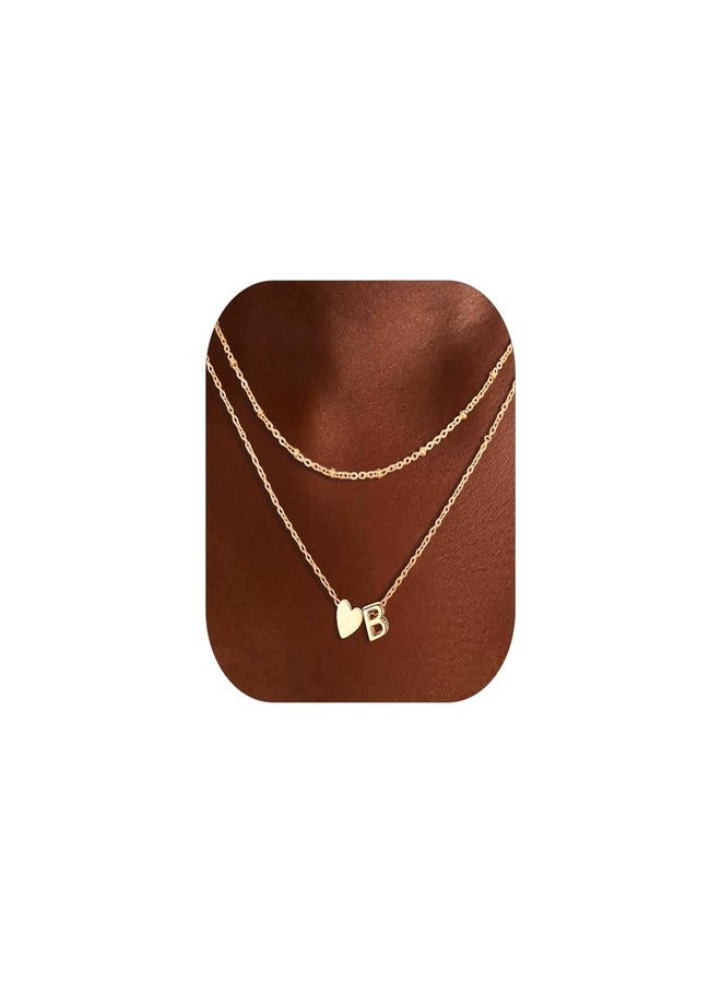 FOCALOOK Initial B Necklace for Women - 14K Gold Plated Double Layered Chain with Heart Charm, Minimalist Personalized Jewelry - Image 1