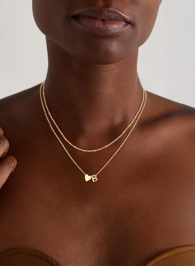 FOCALOOK Initial B Necklace for Women - 14K Gold Plated Double Layered Chain with Heart Charm, Minimalist Personalized Jewelry - Image 2