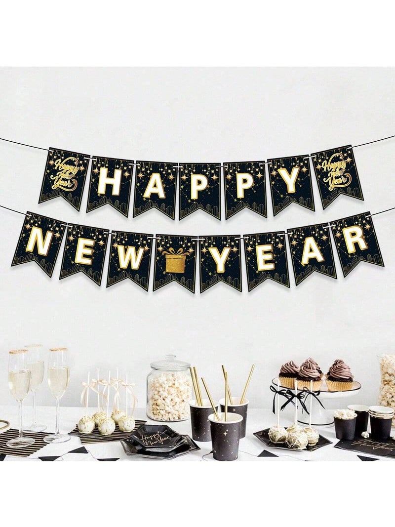 Happy New Year Party Banner Black & Gold – New Year Eve Decoration for Home & Event Celebrations - New Year 2026 - Image 1
