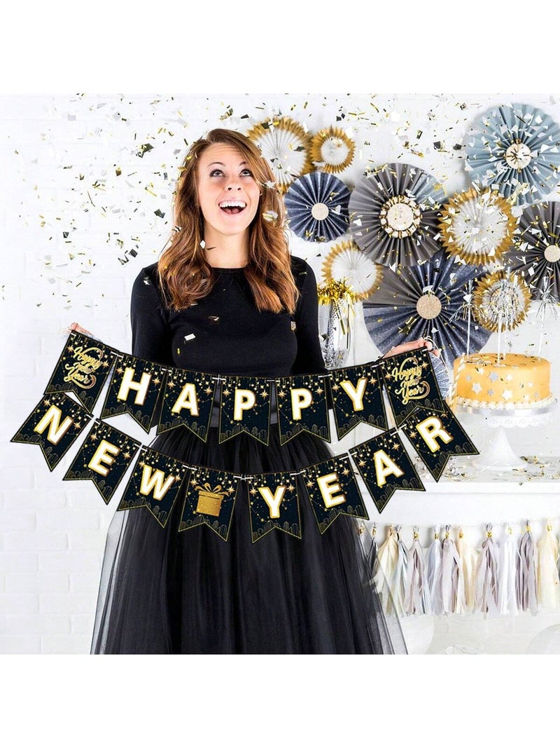 Happy New Year Party Banner Black & Gold – New Year Eve Decoration for Home & Event Celebrations - New Year 2026 - Image 3