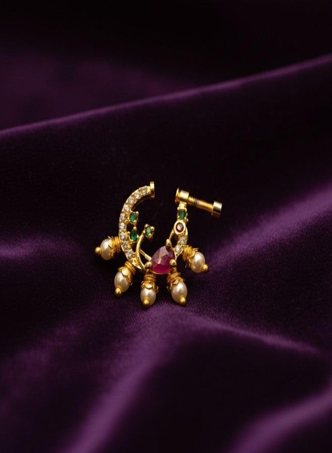 ZEELLO Ethnic Gold Plated Nath with American Diamond & Pearl | Designer Screw Type Nose Ring for Women - Image 2
