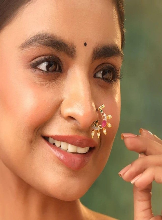 ZEELLO Ethnic Gold Plated Nath with American Diamond & Pearl | Designer Screw Type Nose Ring for Women - Image 3