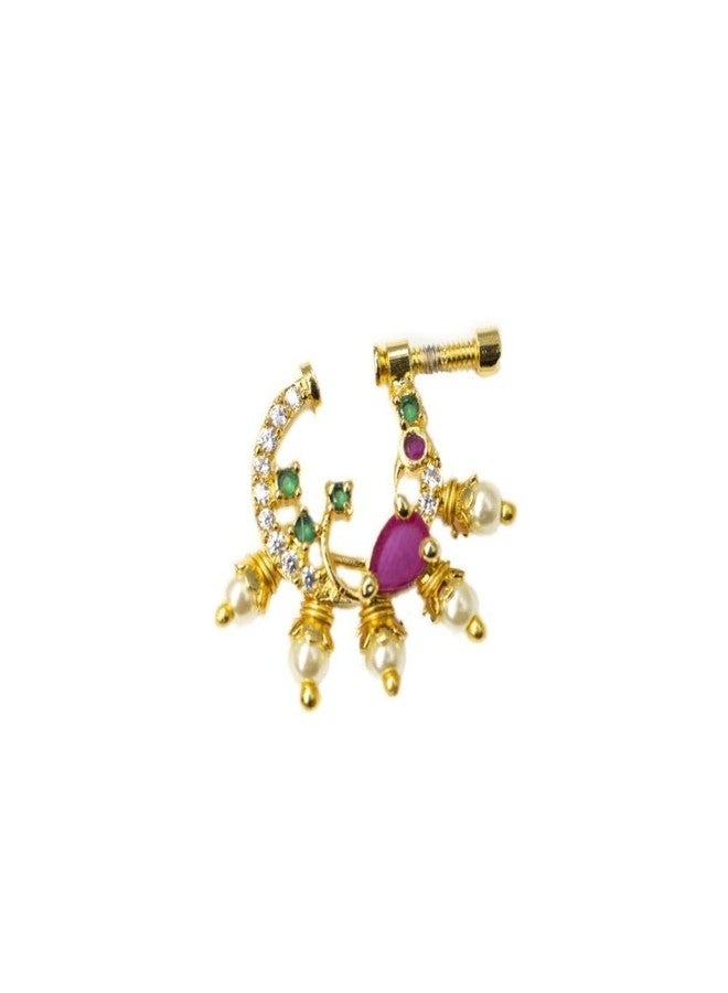 ZEELLO Ethnic Gold Plated Nath with American Diamond & Pearl | Designer Screw Type Nose Ring for Women - Image 1
