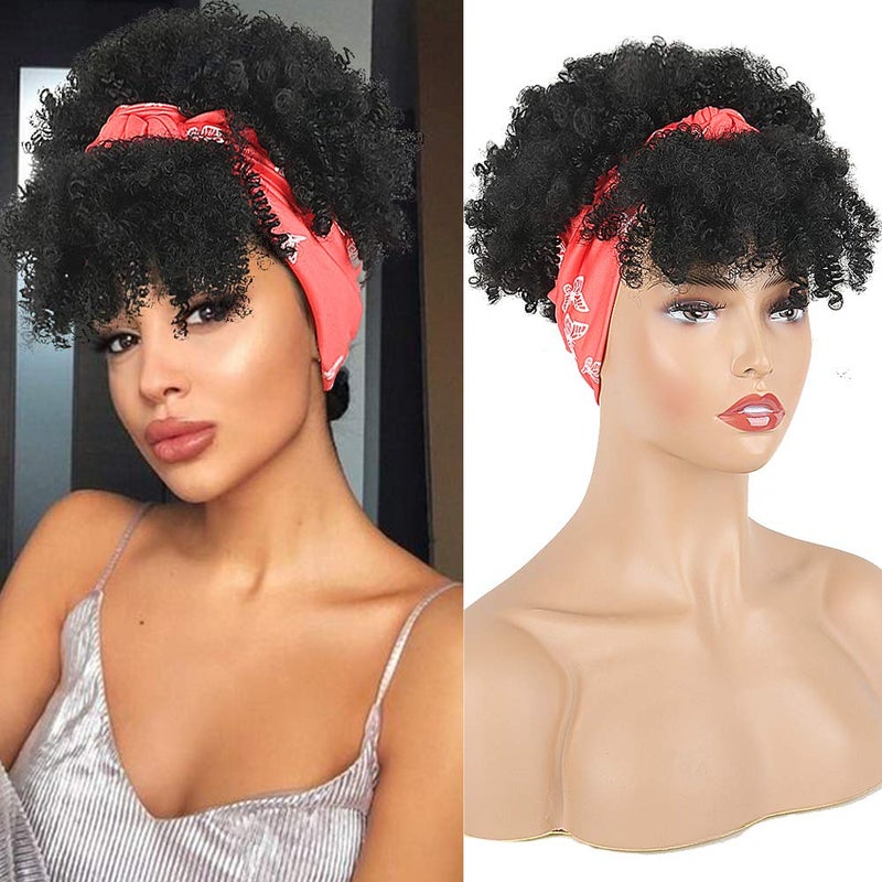 Aisaide Short Afro Kinky Curly Wigs for Black Women,Synthetic High Puff Afro Ponytail Drawstring Black Wig with Bangs Wrap Wigs 2 in 1 Afro Headwrap Wig with Headband Attached Turban Wig Scarf - Image 1