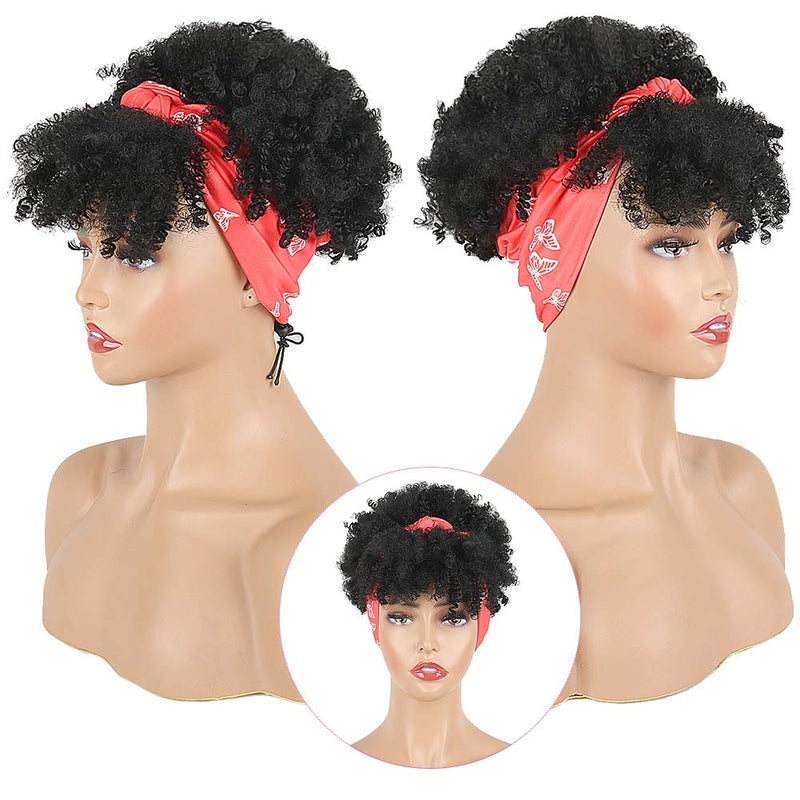 Aisaide Short Afro Kinky Curly Wigs for Black Women,Synthetic High Puff Afro Ponytail Drawstring Black Wig with Bangs Wrap Wigs 2 in 1 Afro Headwrap Wig with Headband Attached Turban Wig Scarf - Image 5