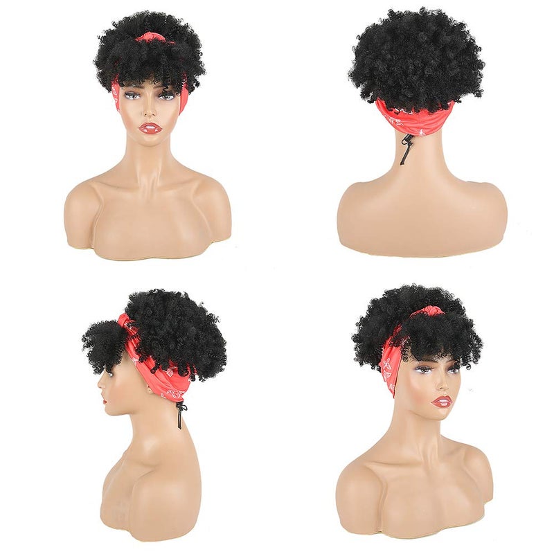 Aisaide Short Afro Kinky Curly Wigs for Black Women,Synthetic High Puff Afro Ponytail Drawstring Black Wig with Bangs Wrap Wigs 2 in 1 Afro Headwrap Wig with Headband Attached Turban Wig Scarf - Image 2