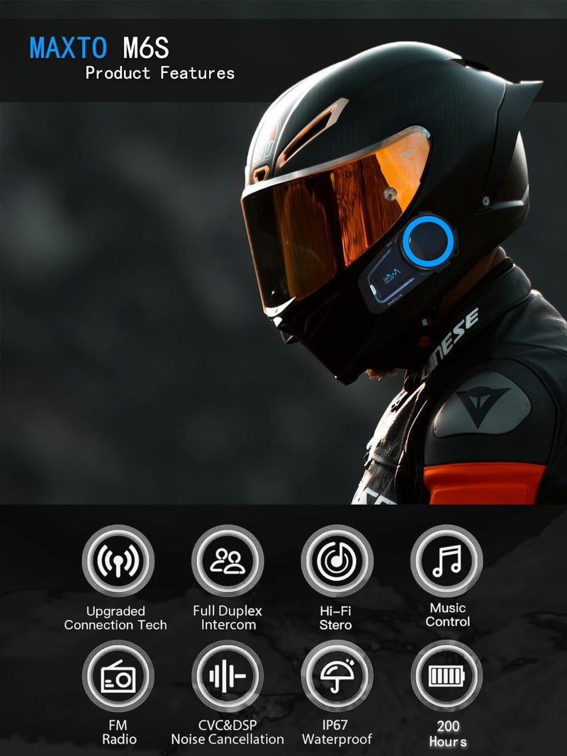 MAXTO Motorcycle Bluetooth Headset M6S,Mesh Intercom1000M Communication Systems 8 Riders Motorcycle Helmet Speaker, BT5.0 Double Chip CVC+DSP Noise Cancellation Music Sharing IP67(1 Pack) - Image 3