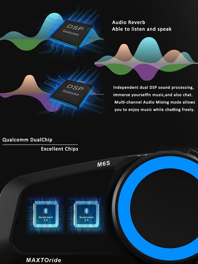 MAXTO Motorcycle Bluetooth Headset M6S,Mesh Intercom1000M Communication Systems 8 Riders Motorcycle Helmet Speaker, BT5.0 Double Chip CVC+DSP Noise Cancellation Music Sharing IP67(1 Pack) - Image 4