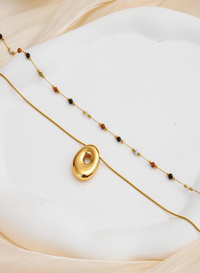 Hclian Boho Layered Necklaces for Women Colorful Beaded Choker Gold Irregular Oval Pendant Set Trendy Minimalist Snake Chain Dainty 14K Gold Plated Stacked Necklaces Jewelry - Image 3