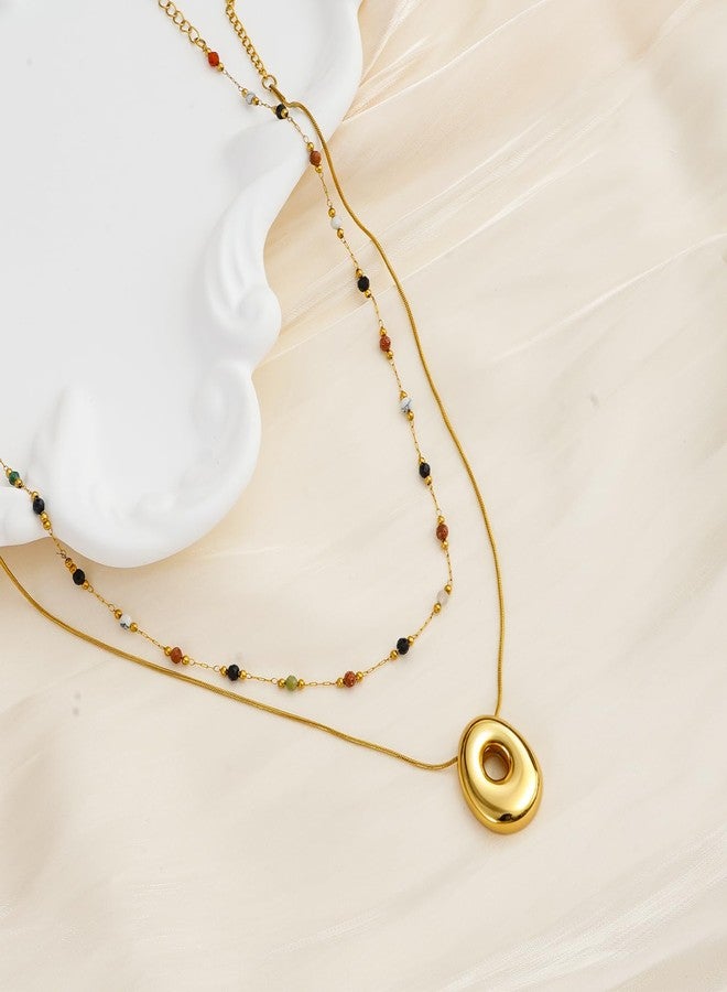 Hclian Boho Layered Necklaces for Women Colorful Beaded Choker Gold Irregular Oval Pendant Set Trendy Minimalist Snake Chain Dainty 14K Gold Plated Stacked Necklaces Jewelry - Image 2