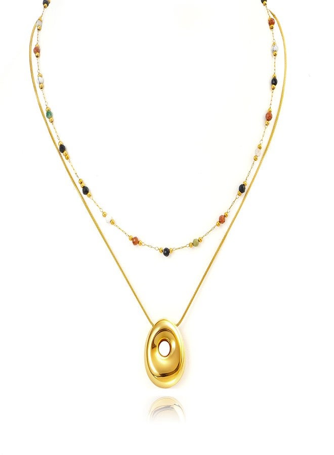Hclian Boho Layered Necklaces for Women Colorful Beaded Choker Gold Irregular Oval Pendant Set Trendy Minimalist Snake Chain Dainty 14K Gold Plated Stacked Necklaces Jewelry - Image 1