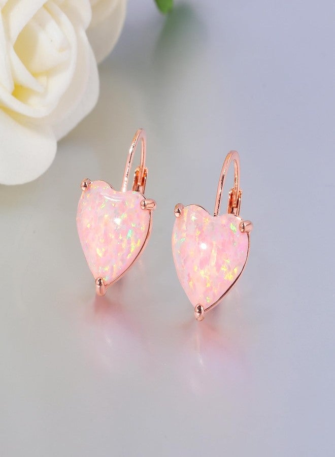 CiNily Heart Opal Earrings Leverback Drop Earrings for Women Hypoallergenic, Pendant Ear Rings 14K Rose Gold Plated Hanging Lever Ear Rings Pink Opal Hoops Fashion Jewelry for Sensitive Ears - Image 5