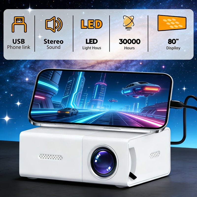 White Portable Mini Projector Compact USB Powered Built In Speaker Supports Full HD For Home Theater Smartphone Tablet And Office Use No Adapter Required - Image 1