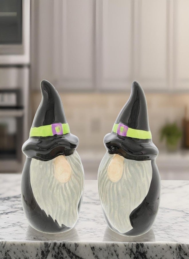 The Bridge Collection مجموعة بريدج كوليكشن لأقزام الهالوين - طقم ملح وفلفل سيراميكي على شكل أقزام خريفية مرحة بقبعات ساحرات، مصنوع من رقائق سوداء. - Image 3