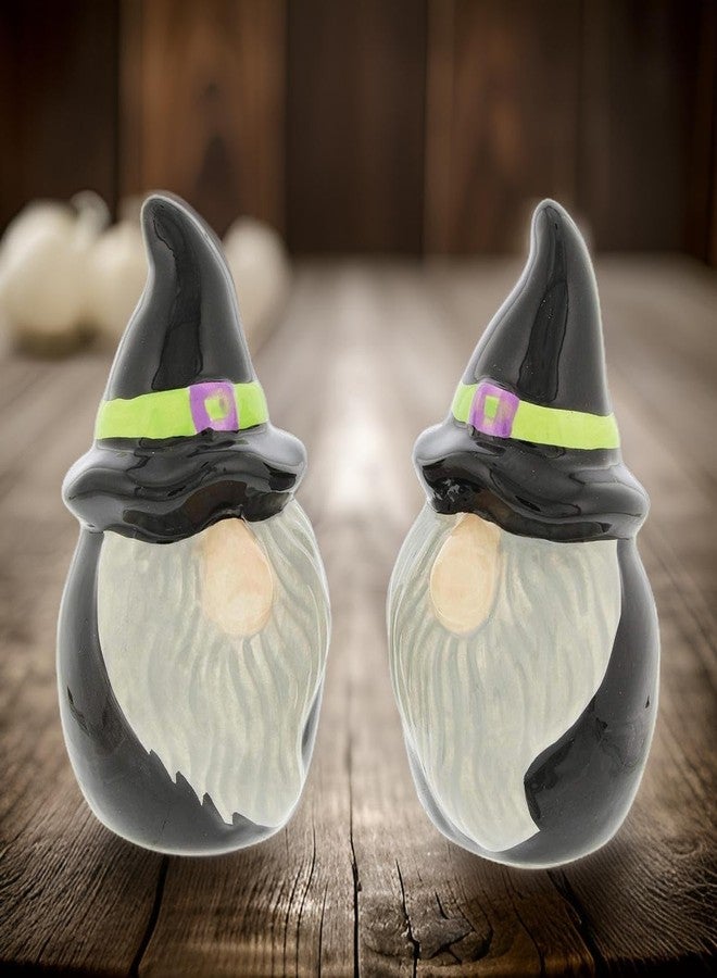 The Bridge Collection مجموعة بريدج كوليكشن لأقزام الهالوين - طقم ملح وفلفل سيراميكي على شكل أقزام خريفية مرحة بقبعات ساحرات، مصنوع من رقائق سوداء. - Image 5