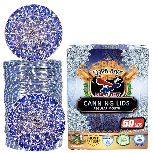 Supa Ant Thickest Canning Lids Regular Mouth (50 Pcs.) Food Grade Tin Can Lids for Canned Food - Buckle Proof & Rust Proof Lid for Canning Kit for Regular Mouth Mason Jars (Blue) Canning Supplies - Image 1