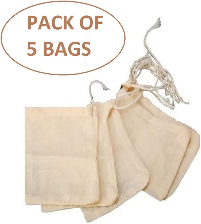 WUD 5Pcs. Unbleached Muslin Cotton Cheese Cloth Bags for Kitchen,for Straining Juice as Strainer,Masala Potli,Spice Bag,Making Paneer 7x5inches (5 Muslin Bags(7x5 inches)) - Image 2