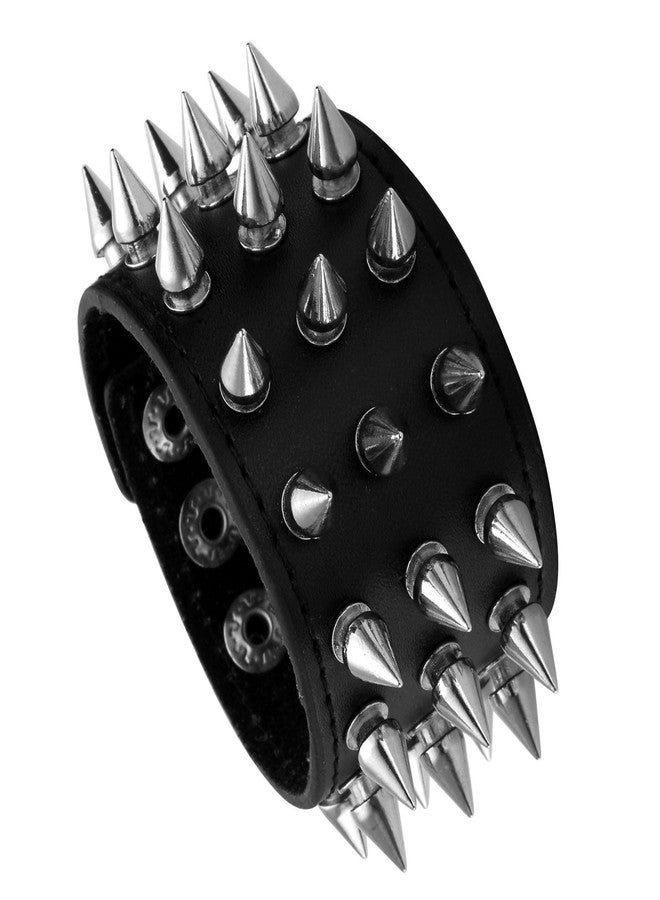 MILAKOO Unisex Black Metal Spike Studded Punk Rock Biker Wide Strap Leather Bracelet Chain Wristband Adjustable - Image 2