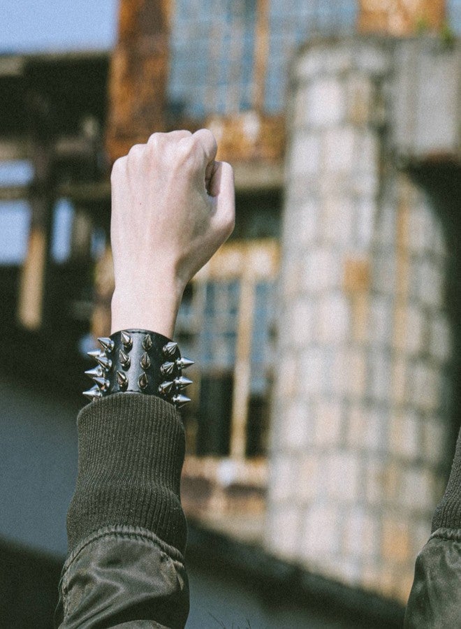 MILAKOO Unisex Black Metal Spike Studded Punk Rock Biker Wide Strap Leather Bracelet Chain Wristband Adjustable - Image 3