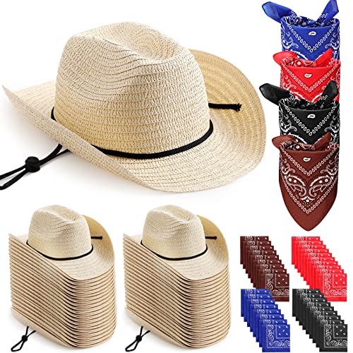 Coume 36 Set Classic Straw Cowboy Hats with Bandana Include 36 Cowboy Party Hats 36 Western Scarf in 4 Color Straw Cowgirl Western Sun Cap for Summer Cosplay Party Accessories - Image 1