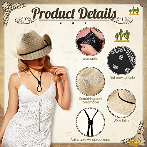 Coume 36 Set Classic Straw Cowboy Hats with Bandana Include 36 Cowboy Party Hats 36 Western Scarf in 4 Color Straw Cowgirl Western Sun Cap for Summer Cosplay Party Accessories - Image 5