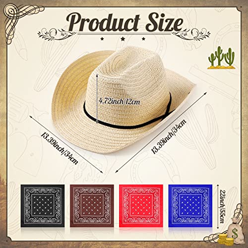 Coume 36 Set Classic Straw Cowboy Hats with Bandana Include 36 Cowboy Party Hats 36 Western Scarf in 4 Color Straw Cowgirl Western Sun Cap for Summer Cosplay Party Accessories - Image 2