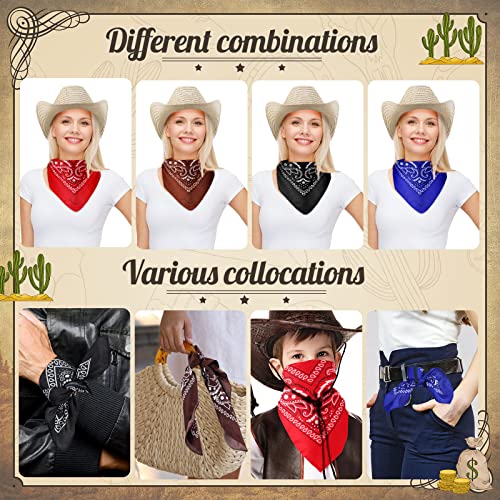 Coume 36 Set Classic Straw Cowboy Hats with Bandana Include 36 Cowboy Party Hats 36 Western Scarf in 4 Color Straw Cowgirl Western Sun Cap for Summer Cosplay Party Accessories - Image 3