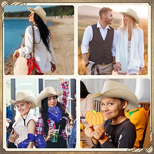 Coume 36 Set Classic Straw Cowboy Hats with Bandana Include 36 Cowboy Party Hats 36 Western Scarf in 4 Color Straw Cowgirl Western Sun Cap for Summer Cosplay Party Accessories - Image 4