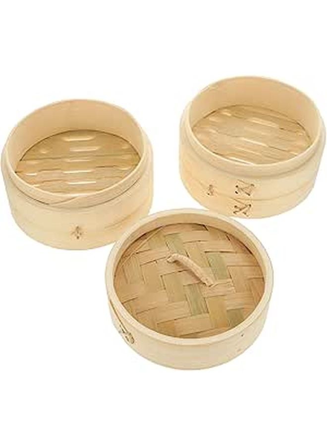 3 Pcs 13cm Round Food Steamer Basket Set With Lid For Dim Sum Dumplings And Buns - Image 1