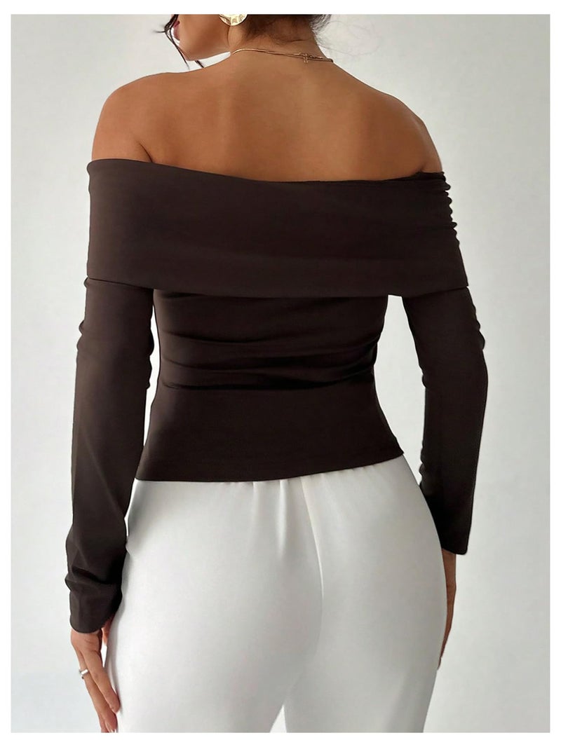 WDIRARA Women's Off The Shoulder T Shirts Metal Button Long Sleeve Tee Going Out Top Coffee Brown Medium - Image 2