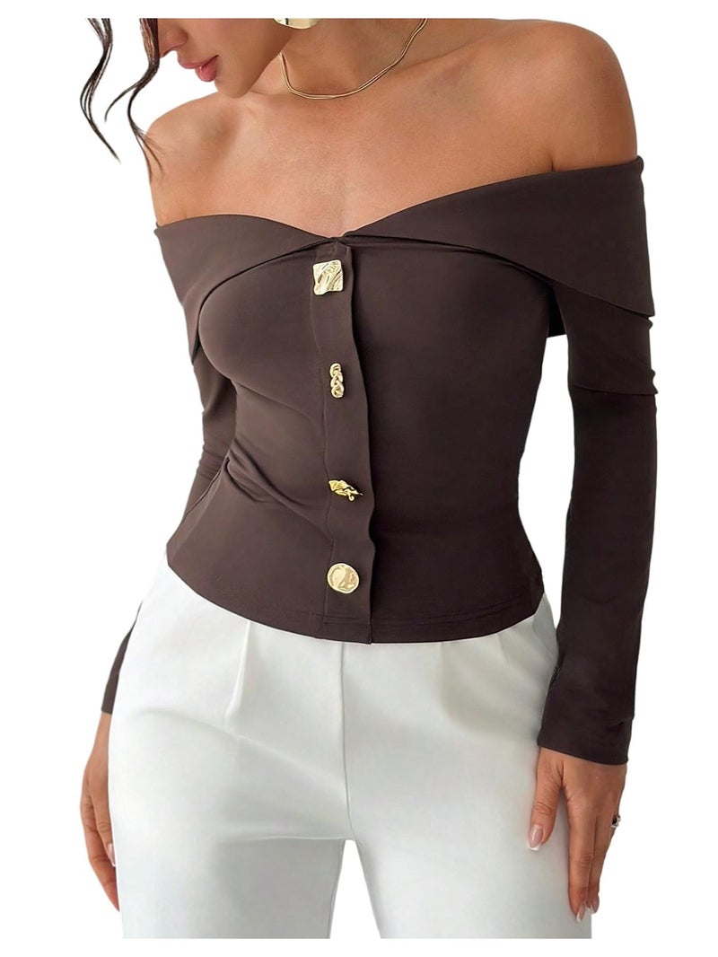 WDIRARA Women's Off The Shoulder T Shirts Metal Button Long Sleeve Tee Going Out Top Coffee Brown Medium - Image 1