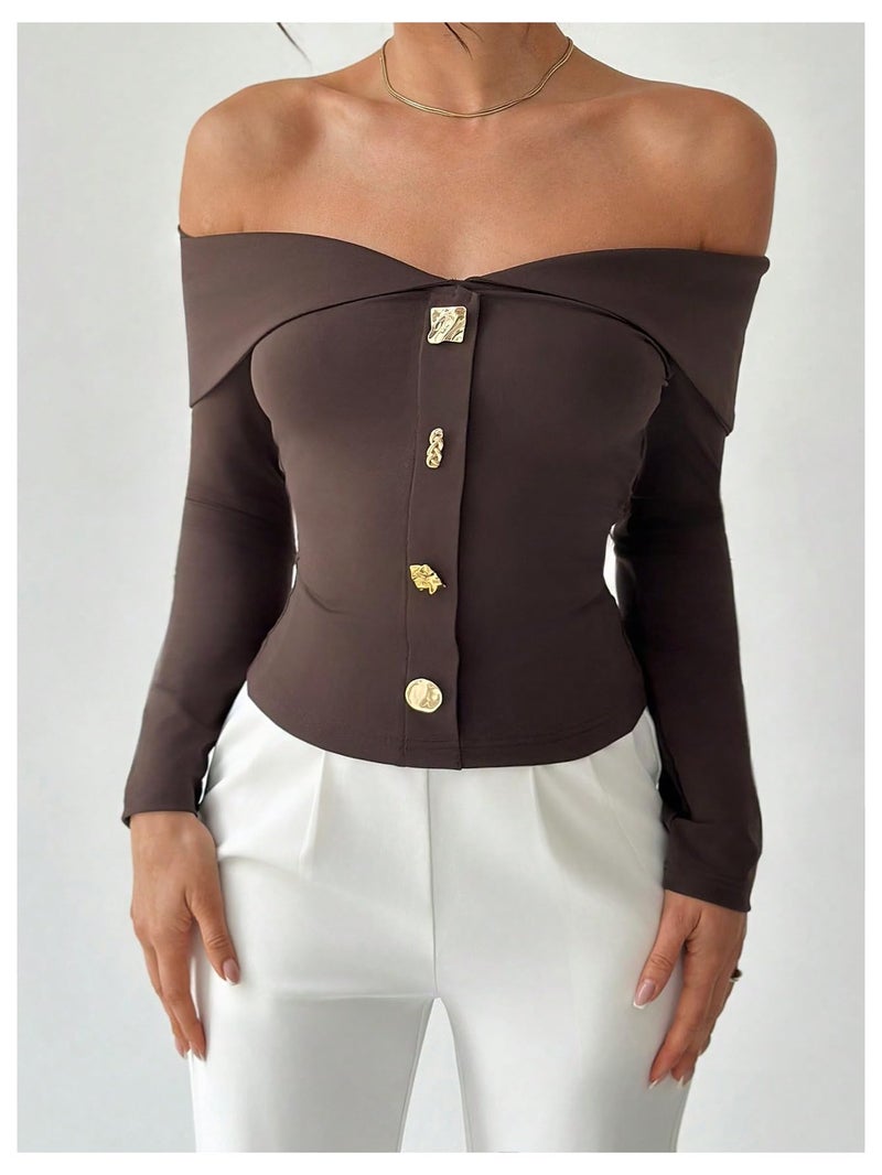 WDIRARA Women's Off The Shoulder T Shirts Metal Button Long Sleeve Tee Going Out Top Coffee Brown Medium - Image 3