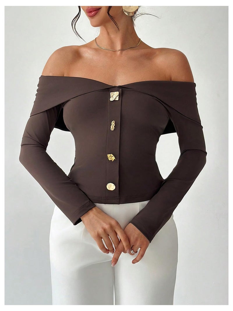 WDIRARA Women's Off The Shoulder T Shirts Metal Button Long Sleeve Tee Going Out Top Coffee Brown Medium - Image 5